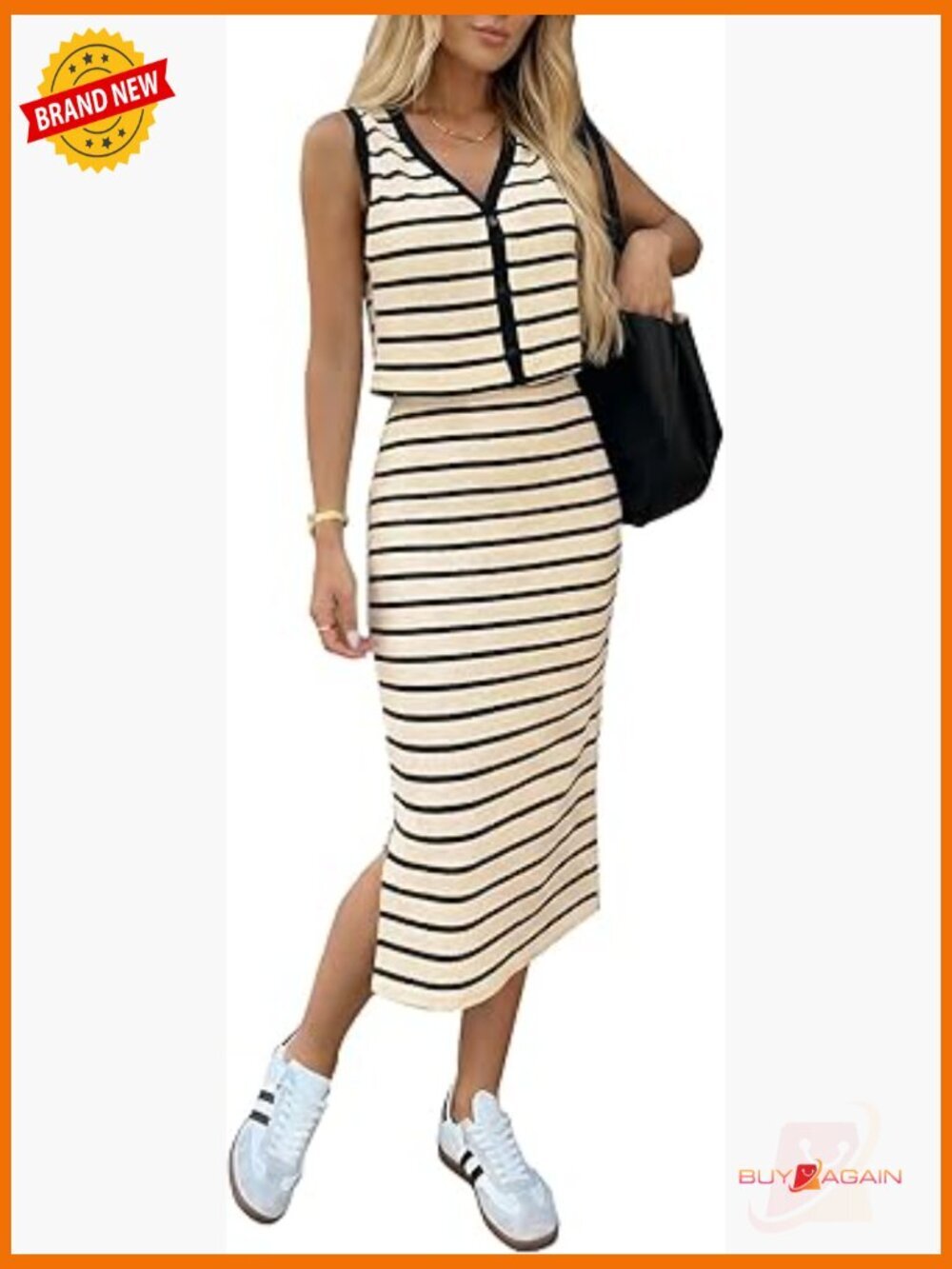 Women's Cotton 2 Piece Skirt Set V Neck Tank Top High Waist Midi Skirt Pockets